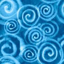 Watercolor Classic Blue Spiral Abstract Background With Splashes, Drops. Hand-painted Texture. Seamless Pattern. Watercolor Stock Illustration. Design For Backgrounds, Wallpapers, Covers, Textile.