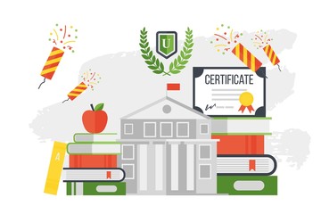 Wall Mural - College graduation certificate, high school education vector illustration. Flat style university icon, books and school building facade. Simple design for graduation celebration party at university