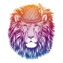 Vector lion. Bavarian traditional hat. Tirol austrian hat. Beer Oktoberfest character portrait.