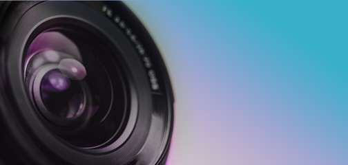 Aufkleber - Beautiful camera lens with purple light of glass on a contemporary colors and mood social background.  ..