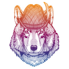 Vector wolf, dog. Bavarian traditional hat. Tirol austrian hat. Beer oktoberfest animal portrait.