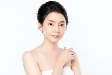 Portrait beautiful young asian woman clean fresh bare skin concept. Asian girl beauty face skincare and health wellness, Facial treatment, Perfect skin, Natural makeup, on white background,two