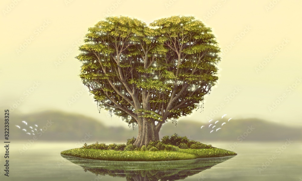 Heart tree island with river, surreal painting - obrazy, fototapety, plakaty 