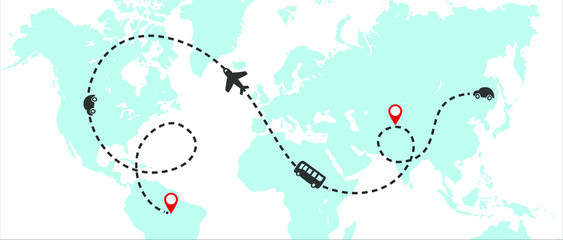 Poster - world map whit dashed trace line and airplanes flying, bus driving, and car. travel concept. vector 