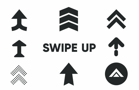 Black arrows, buttons and web icons for advertising and marketing in social media application. Swipe up, set of buttons for social media.