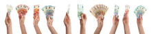 Collage With Women Holding Euro Banknotes On White Background, Closeup