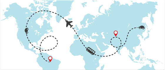 World map whit dashed trace line and airplanes flying, bus driving, and car. Travel concept. Clip-art illustration.