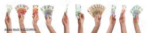 Fotografía Collage with women holding euro banknotes on white background, closeup