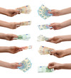 Collage with women holding euro banknotes on white background, closeup