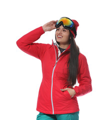 Wall Mural - Woman wearing stylish winter sport clothes on white background