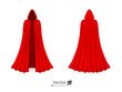 Vector realistic set of red cloaks with hoods. Carnival clothes, fancy dress, masquerade costume for superhero, vampire. Mockup.