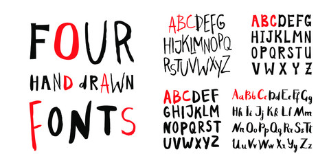 four female lettering alphabets. hand made ink fonts. hand drawn letters written with a brush. trend