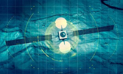 Spy satellite, satellite view of a terrain, military target. Hud. Physical planisphere. 3d render