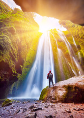 Wall Mural - Unique incredible Gljufrabui waterfall in cave, hidden place. One of the most beautiful waterfalls on the Iceland. Popular and famous tourist attraction summer holiday destination in on South Iceland.