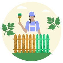 Woman Paints A Fence With A Brush - Icon On A White Background - Vector. Country Work. Spring Summer Season.