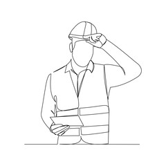 Continuous line drawing of cunstruction worker with blue print paper. One line art of architect hold design paper of building. Vector illustration.