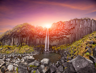 Wall Mural - Colorful clouds over Svartifoss waterfall. Skaftafellsstofa, Iceland, Europe. Basalt columns formation. Popular tourist attraction. Travelling concept background. Golden Ring Of Iceland. Postcard.