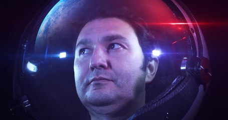 Wall Mural - portrait 4k shot of the young male astronaut in space helmet. he is exploring outer space in a space