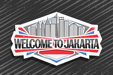 Wall Mural - Vector logo for Jakarta, white decorative sticker with line illustration of famous jakarta city scape on sky background, design fridge magnet with creative letters for black words welcome to jakarta.