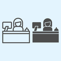 Poster - Reception desk line and solid icon. Hotel service with woman clerk and monitor. Horeca vector design concept, outline style pictogram on white background, use for web and app. Eps 10.