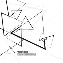 Abstract Monochrome Background With Dynamic Flying Triangular Geometric Shapes. Vector Intersecting Triangles Pattern. Chaotic Black And White Texture.