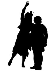 Wall Mural - Artists on stage dance and raise their hands up. Isolated silhouettes on a white background