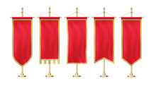Blank Red Pennant Flag Mockup Banner Hanging On Golden Rack Pole Realistic Stylish Retro Style Set.