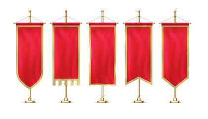 Wall Mural - blank red pennant flag mockup banner hanging on golden rack pole realistic stylish retro style set.