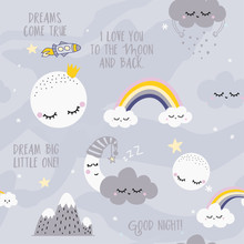 Clouds Sky Night Scene Pattern Design For Kids Nursery - Funny Hand Drawn Doodle, Seamless Pattern. Moon, Full Moon, Stars, Princess, Rainbow, Clouds, Rain, Mountain, Spaceship. Drream Big Little One.