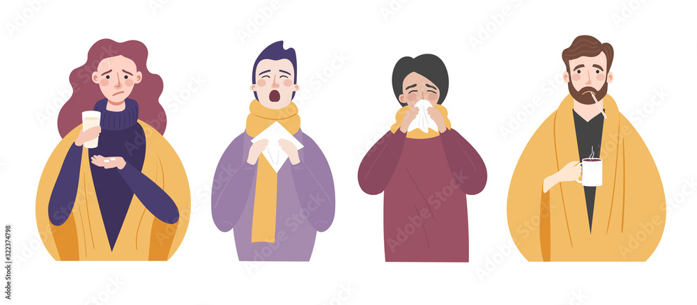 Set of people with cold or flu. Characters with runny nose, cough, fever and sneezing are isolated on a light background. Vector flat cartoon illustration - obrazy, fototapety, plakaty 