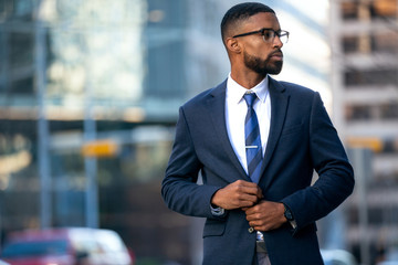 stylish chic modern style business suit executive, african american male commercial model, walking t