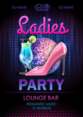 Wall Mural - Disco ball background. Disco ladies party poster with cocktail. Womens day party