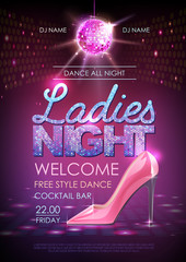 Disco ball background. Disco party poster ladies night. Womens day party