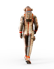 Wall Mural - Astronaut in gray and orange spacesuit from back, isolated on white. 3D rendering.