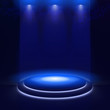 © Vitalik - Illuminated stage with scenic lights and smoke. Blue vector spotlight with smoke volume light effect on black background. Stadium cloudiness projector. Mist show room. Vector. EPS 10