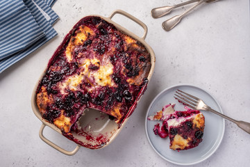 Wall Mural - Cottage cheese casserole with blueberries in baking dish