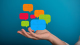 Fototapeta  - Empty speech bubble hands feedback communication..