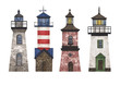 Watercolor set with cute isolated lighthouses. Illustration for stickers, posters, baby fabrics, cards, prints