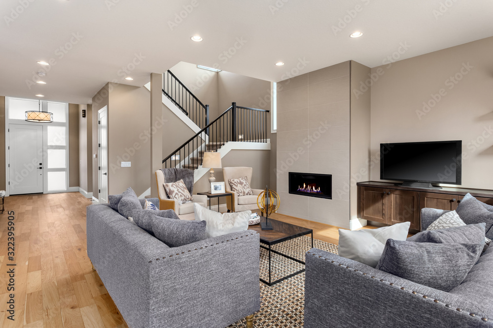 Picture of Modern Family Rooms Open Concept With Fireplace