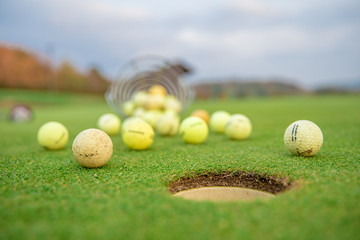 Wall Mural - basket with golf equipment on green golf course