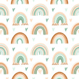 Seamless pattern of hand drawn hearts and boho rainbow in pastel mint and neutral beige colors on white background