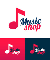 Wall Mural - Music Shop Vector logo icon with Music Note and Caption, Lettering for Signboard of Music Store. Illustration on white, red, and dark background.