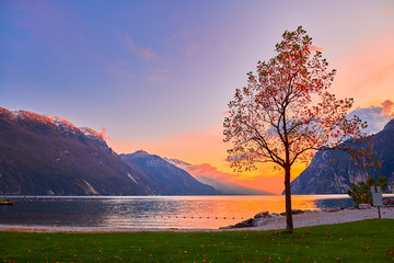 Beautiful and colorful autumn in Riva del Garda, Garda lake surrounded by mountains, Trentino Alto Adige region, Lago di garda, italy