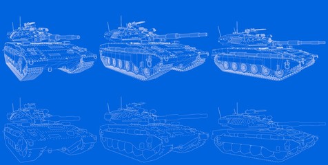 blue print of outlined isolated 3D tank with not real design, very high resolution modern tanks concept - military 3D Illustration