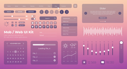 Fototapete - Flat Mobile Web UI Kit. Universal user interface for designing responsive websites, mobile apps. Gradient background. Different UX, GUI screens with buttons, slider, menu template. Modern space style.