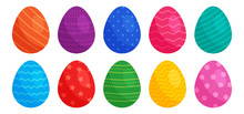 Easter Eggs With Different Colors And Patterns Isolated On White Background. Vector Illustration