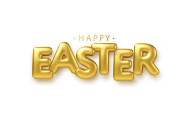 Wall Mural - Golden metallic shiny typography Happy Easter. 3D realistic lettering for the design of flyers, brochures, leaflets, posters and cards