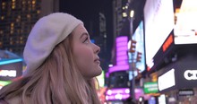 Closeup Happy Young Millennial Girl In Crowd Times Square Night Manhattan NYC