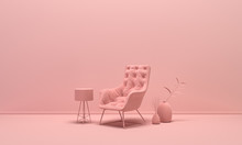 Interior of the room in plain monochrome light pink color with single chair, floor lamp and decorative vases. Light background with copy space. 3D rendering