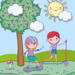 Poster - happy childrens day, little boys playing with skateboard and scooter park landscape